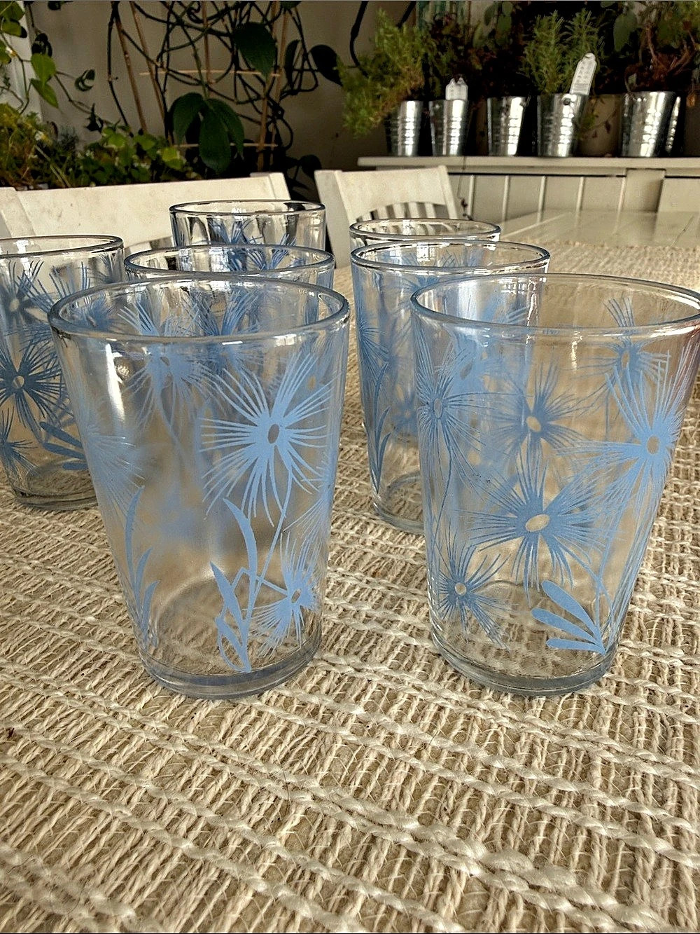 7 Vintage Kraft Swanky Swigs Juice Glasses - Light thistle Blue daisy Flowers